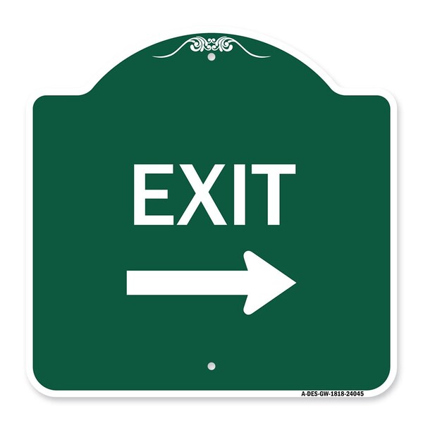 Designer Series Exit W/ Right Arrow 3, Green & White Aluminum Sign, 18" H, 18" L, GW-1818-24045